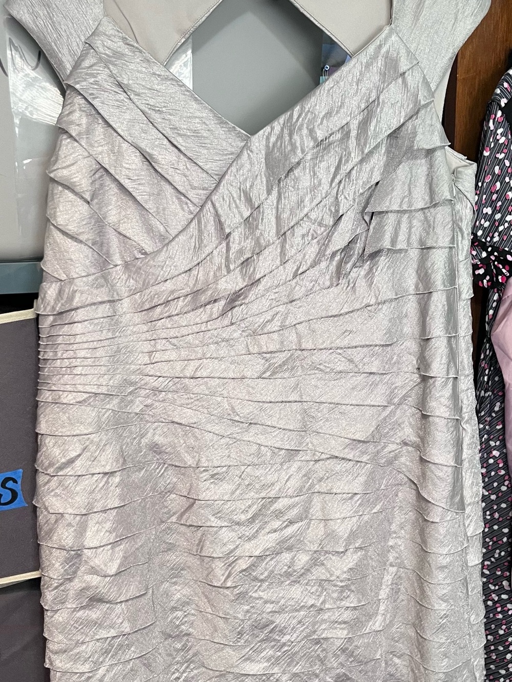 London Times Silver Layered V-Neck Evening Dress